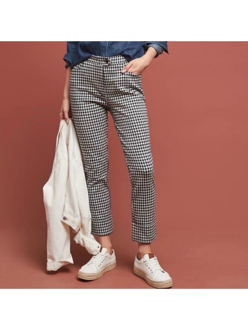 Anthropologie The Essential Crop Flare Black & White Gingham Size 2